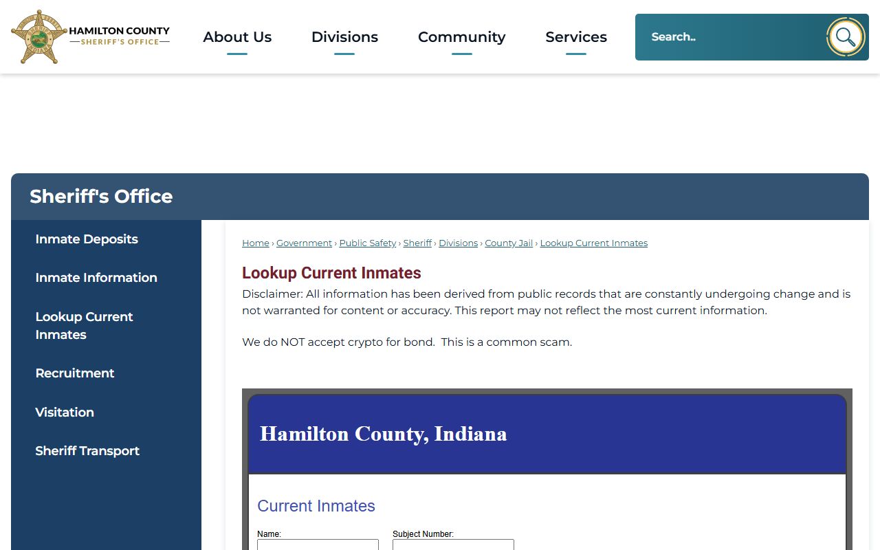 Hamilton County jail mugshots lookup current inmates landing page and public records warning