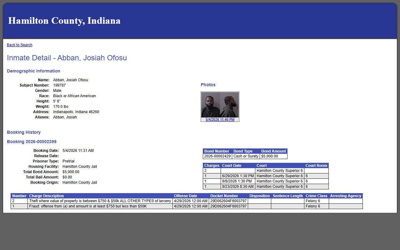Hamilton County inmate records sample profile with booking photo bonds court dates and charges